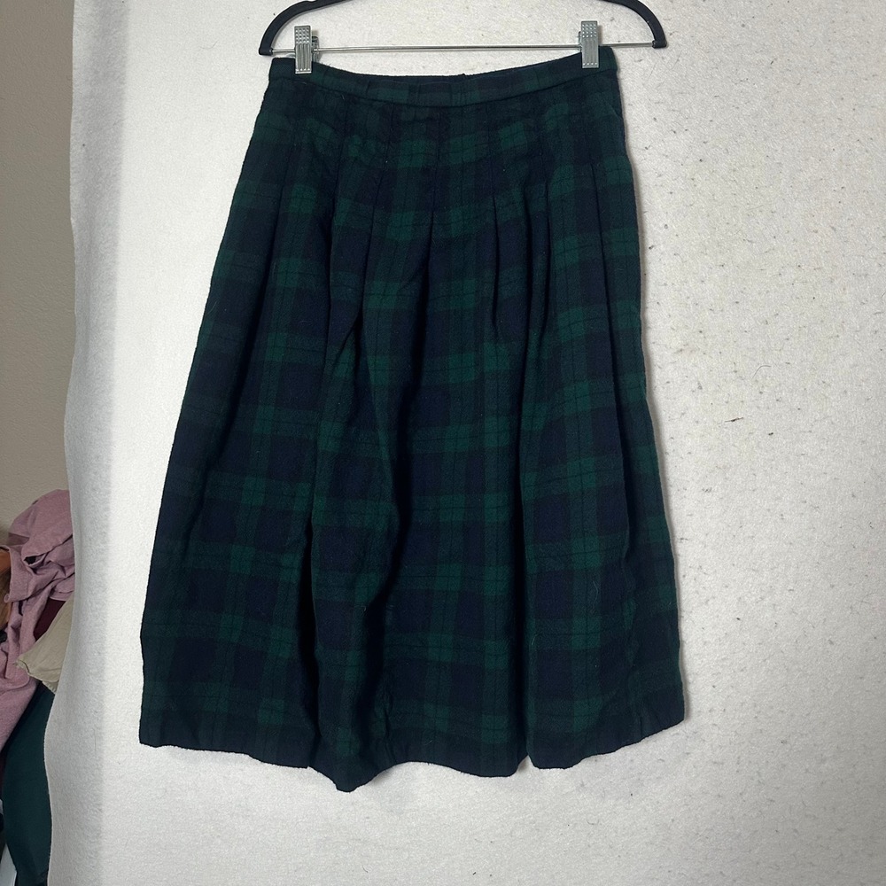 Vintage Pendleton Black Watch Plaid Wool Pleated Midi Skirt Green Navy Size 14